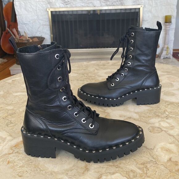 Zara Black Leather Military Lace Up Chunky Ankle Boots With Studs - Picture 7 of 14